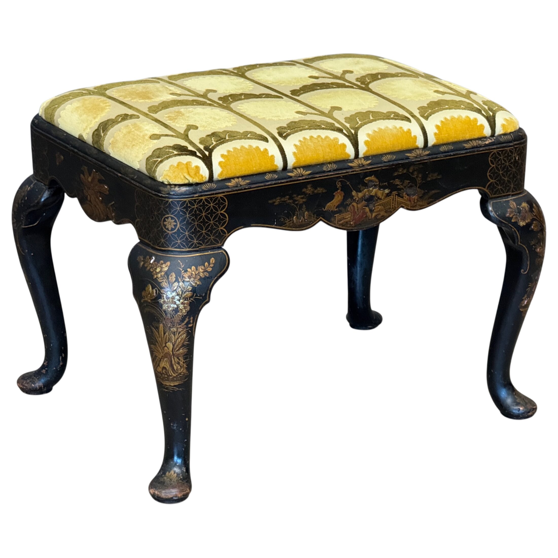 Early 19th Century English Chinoiserie Decorated Footstool with Queen Anne Legs
