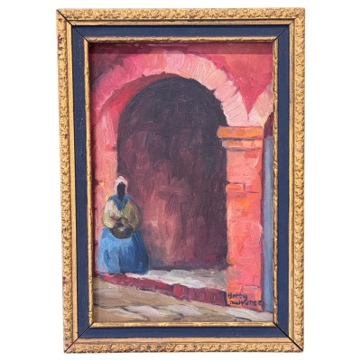 1929 Oil on Board Painting by Betty Lawrence of a New Orleans Street Vendor