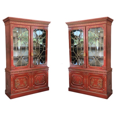Mid-20th Century Scarlet Chinoiserie Bookcase Cabinets by Colefax and Fowler