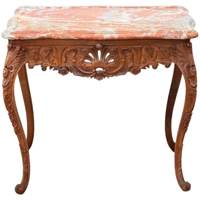 Early 19th Century French Carved Fruitwood Table with Rouge Marble Top