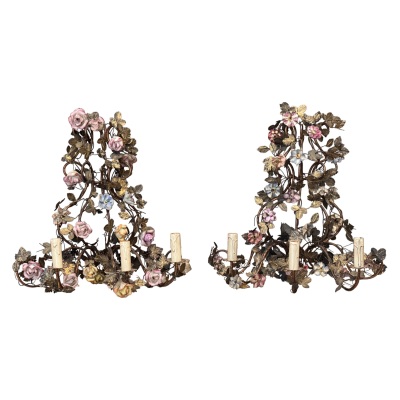 Pair of Late 19th Century French Gilt Iron and Porcelain Sconces