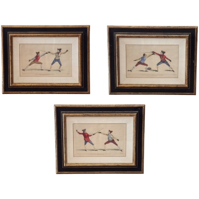 Set of Three Hand Colored Fencing Themed Engravings
