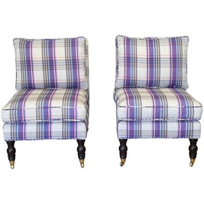 Vintage Pair of Custom-Upholstered English-Style Slipper Chairs