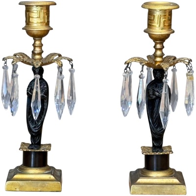 Pair of Figural Ormolu and Patinated Bronze Girandoles