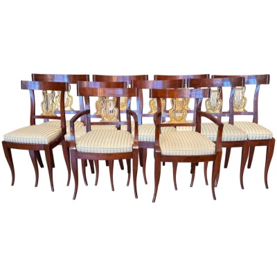 Set of Ten Italian Neoclassical Parcel Gilt Walnut Dining Chairs