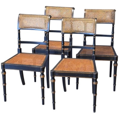 Set of Four Diminutive English Regency Ebonized and Caned Side Chairs, Early 19th Century