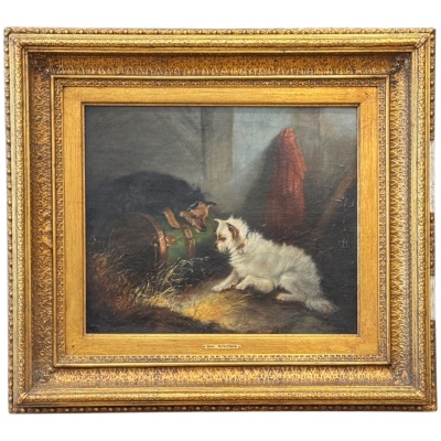 "Terriers Ratting in a Barn," oil on canvas by George Armfield (1808–1893)
