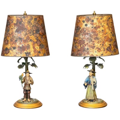 Pair of Cold Painted Bronze Figural Lamps with Mottled Paper Shades