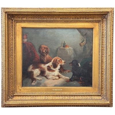 "Gun Dogs After a Day's Sport," oil on canvas by George Armfield (1808–1893)