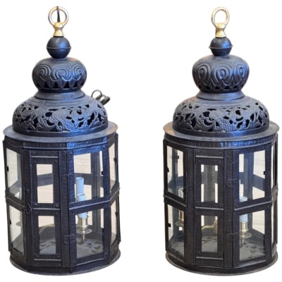 Pair of Late 19th / Early 20th Century German Pierced Metal Octagonal Lanterns