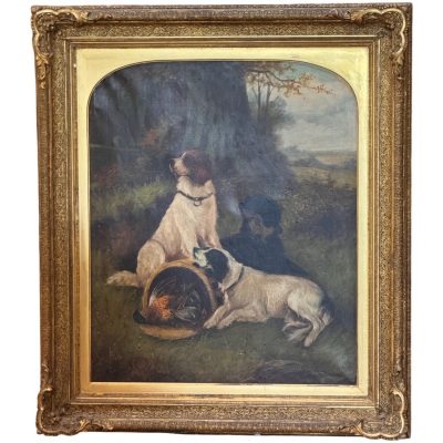 Hunting Dogs with Game Birds in Woodland Landscape