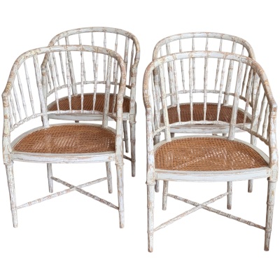 Set of Four Regency Style White Painted Faux Bamboo Armchairs with Cane Seats