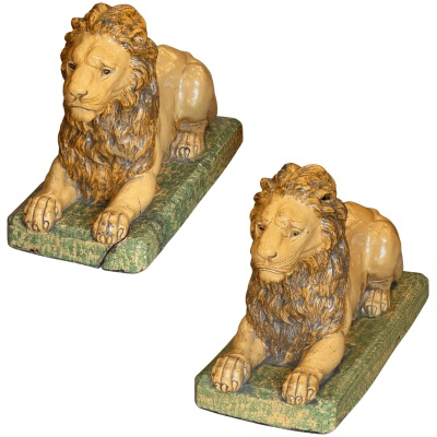Pair of 19th Century French Faience Glazed Ceramic Recumbent Lions